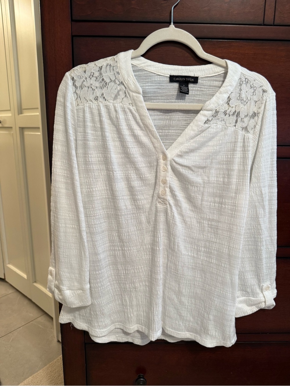 Carolyn Taylor Ivory Lace-Yoke Henley Blouse